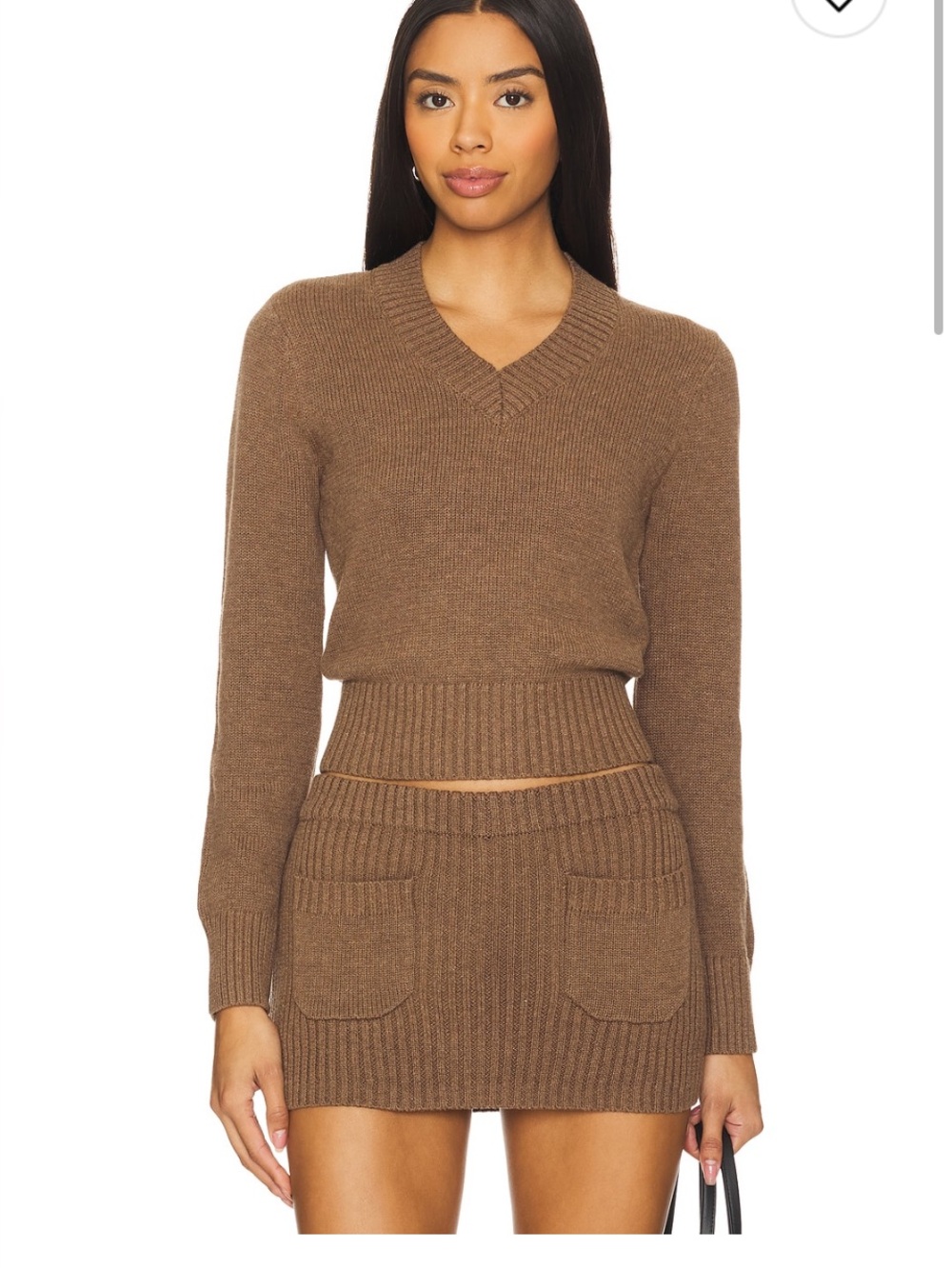 REVOLVE/Frankie’s Bikinis 
V-Neck Ribbed Knit Sweater/Skort 2 piece set